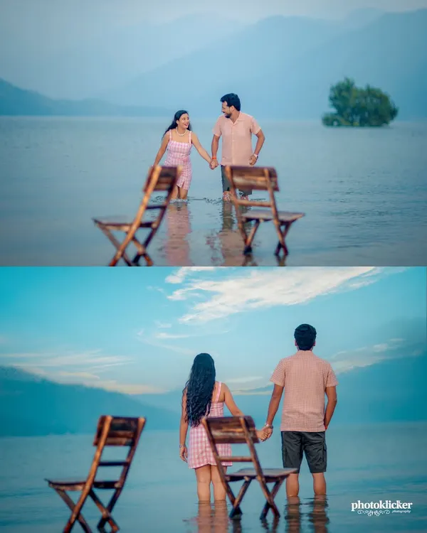A unique and creative shot of a couple standing in the shallow waters of Tehri Lake with chairs, creating a surreal and romantic pre-wedding photograph.