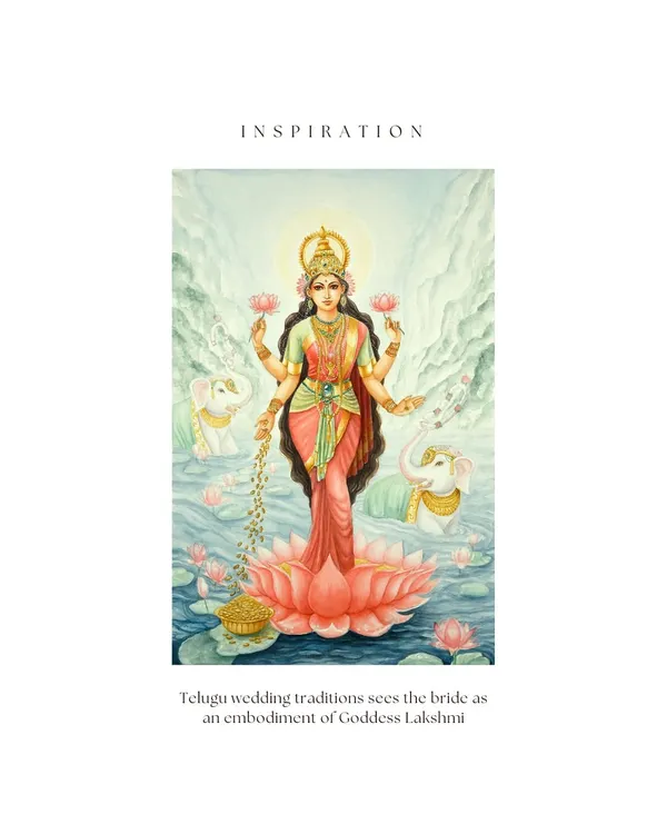 Our inspiration for a Telugu bride's Pradhanam ceremony. In Telugu tradition, the bride is seen as an embodiment of Goddess Lakshmi. This vision guided our styling, focusing on grace, heritage, and divinity.