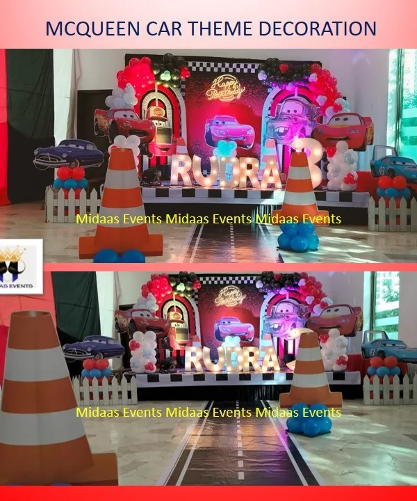 "Kachow!" This Lightning McQueen car theme for Rudra's 3rd birthday was all about speed. The main backdrop looks like a pit stop, complete with a road-printed floor, traffic cones, and the birthday boy's name in lights.