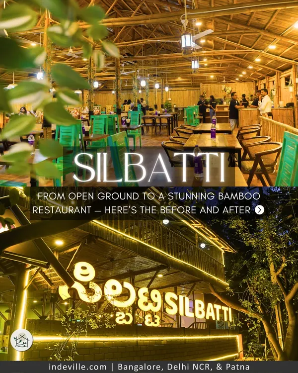 This image provides a complete overview of the Silbatti restaurant project, showcasing the inviting exterior at night and the spacious, fully-furnished interior. It captures the journey from an open plot of land to a stunning, fully operational bamboo restaurant.