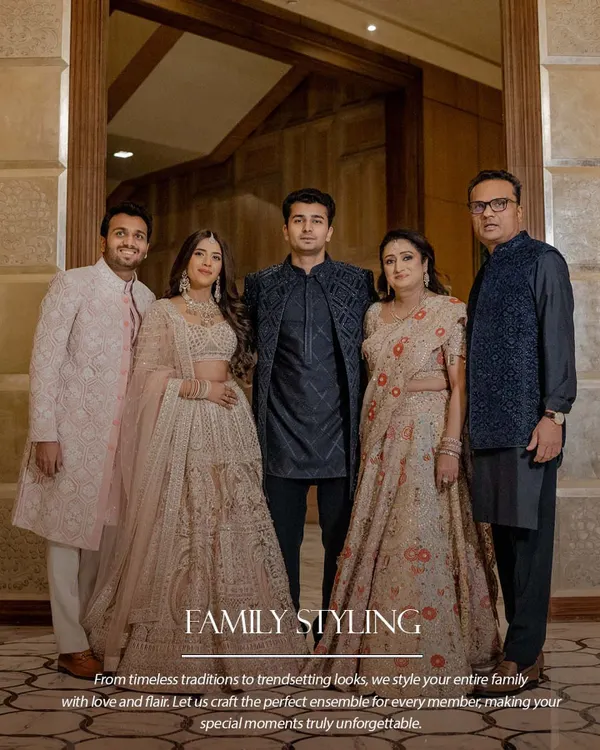 From timeless traditions to trendsetting looks, we style your entire family with love and flair. Here, we balanced deep blues for the men with soft beige and blush for the women, creating a harmonious and elegant family portrait.