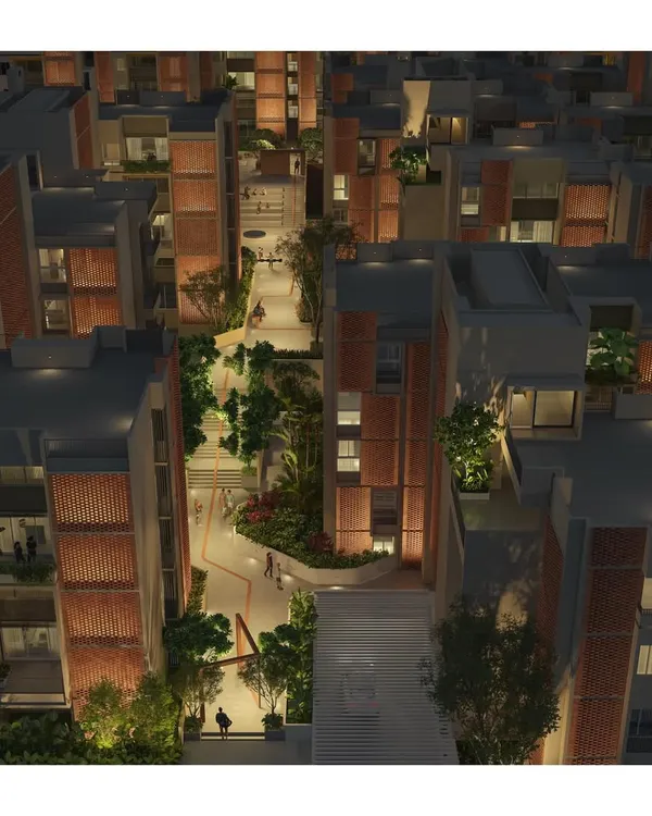 An aerial view of our 'Weaving a Fabric' housing project in Bengaluru, designed as a complex Nolli map of private and public spaces. The master plan focuses on creating an interconnected network of streets, courtyards, and plazas.