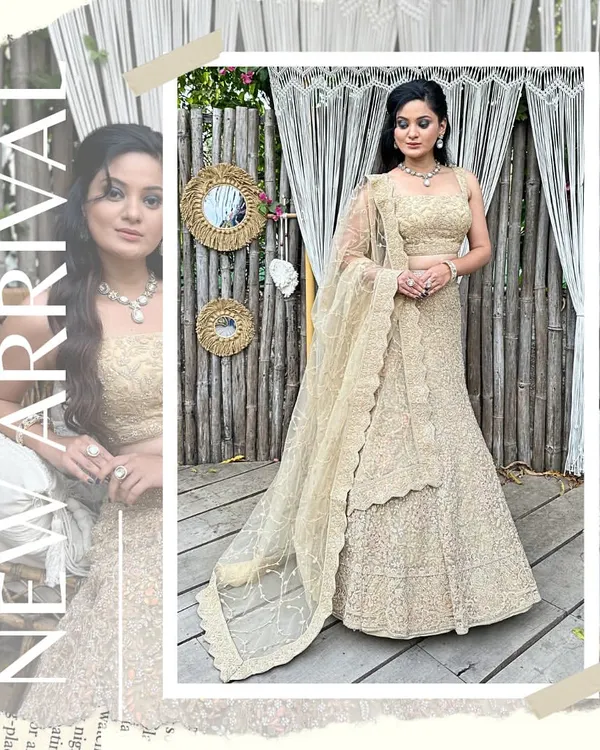 A new arrival in my lehenga collection. This elegant beige lehenga with intricate embroidery is perfect for an engagement or a sangeet.