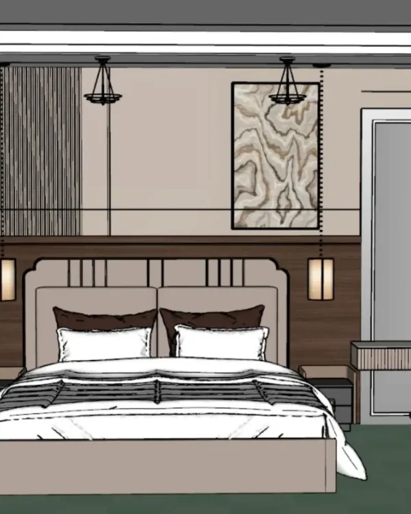 Our design process starts with a 2D sketch to outline the layout and furniture placement. This is the initial concept for a sophisticated master bedroom.