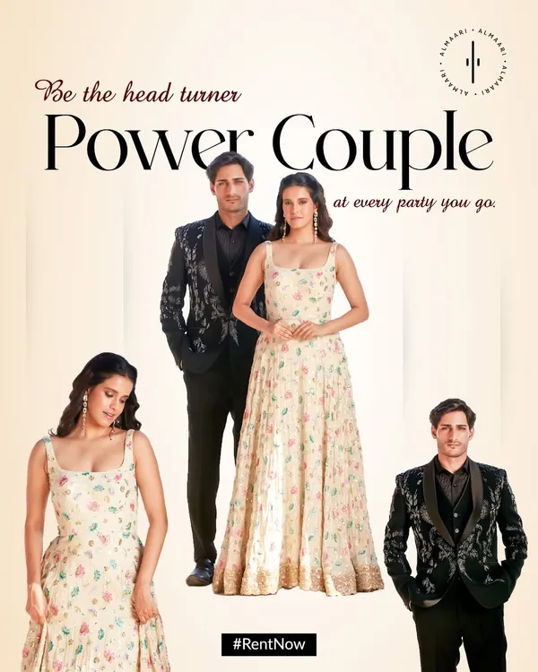 Be the head-turner power couple at every party. I love curating complementary looks for him and her, like this floral gown and embroidered blazer combination.