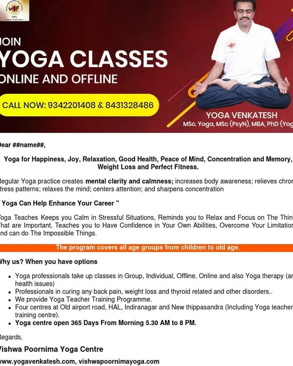 This poster provides a comprehensive overview of our online and offline yoga classes. It details the benefits of regular practice, such as mental clarity and calmness, and explains how we cater to all age groups and health needs, with four centers open 365 days a year.