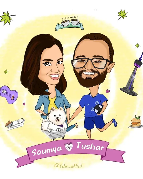 This custom digital caricature is a perfect example of how I bring a couple's story to life. We included their adorable dog, travel memories like the CN Tower, and shared passions like football and music to create a truly personal and fun piece of art.