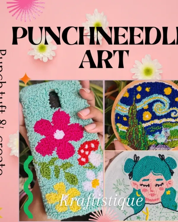 The possibilities with punch needle are endless. This collage showcases a custom phone case, a Van Gogh-inspired hoop art, and a cute character design, all made with this versatile technique.