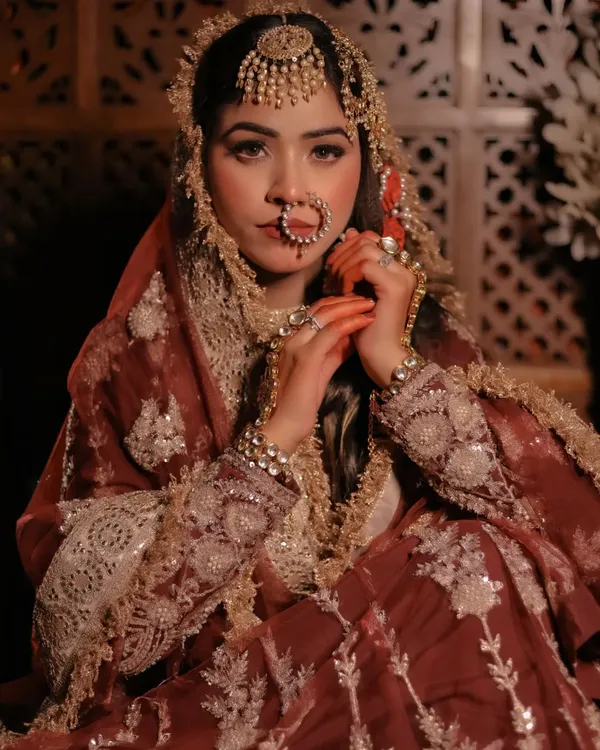 A royal portrait inspired by the grandeur of Heeramandi, featuring a model in a rich maroon outfit and elaborate passa jewelry.