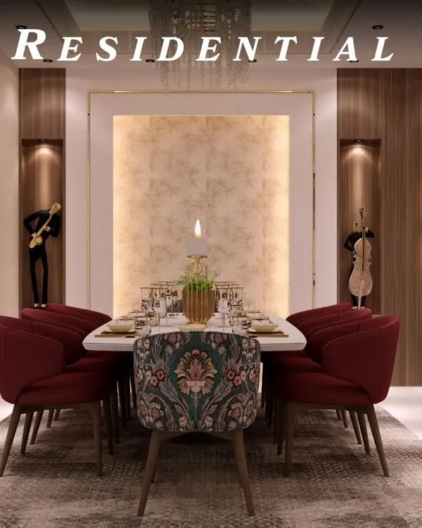 A formal dining area that exudes luxury. The setup includes a large dining table, plush velvet chairs in deep red, and a custom patterned head chair. The space is enhanced by wooden wall paneling with built-in niches for decor.