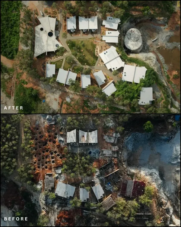 This before-and-after aerial view shows the transformation of a raw, challenging site into a thoughtfully designed eco-resort. The layout respects the existing terrain, with structures carefully placed to blend in.