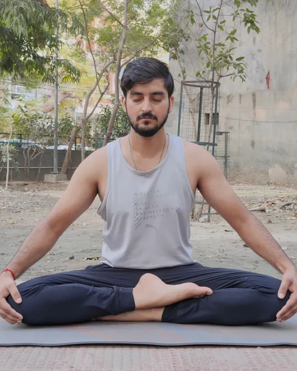 This is Siddhasana, or the Accomplished Pose, which is an excellent posture for meditation. It helps improve alertness of the mind and is beneficial for pubic and reproductive health.
