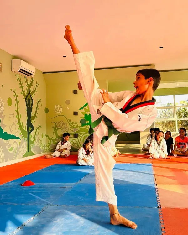 "Don't limit your challenges, challenge your limits." This student demonstrates a perfect side kick, showcasing incredible height, balance, and form.