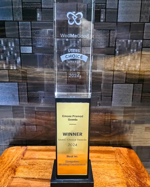 My WedMeGood Users' Choice Award 2024 for Best in Bangalore Wedding Entertainment. This is a symbol of the trust and appreciation from the couples I've worked with.