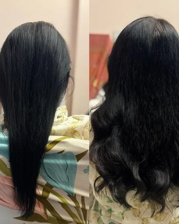 A fantastic transformation adding both volume and length. The client's hair went from thin and straight to full with beautiful, styled waves.