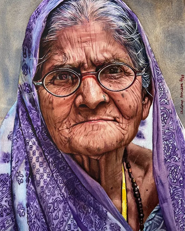 This is what I mean when I say art is about feeling. In my classes, we learn to see beyond the surface and capture the stories etched into a face, using watercolor to give voice to silent emotions. This hyper-realistic portrait is a deep dive into texture, light, and the soul behind the eyes.