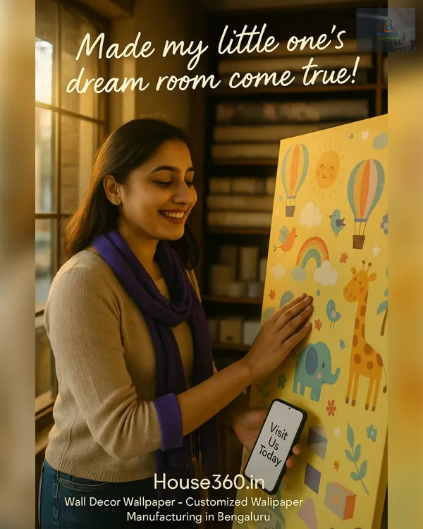 A happy client reviewing a cheerful and colorful kids' room wallpaper design featuring cartoon animals, hot air balloons, and a bright yellow background.