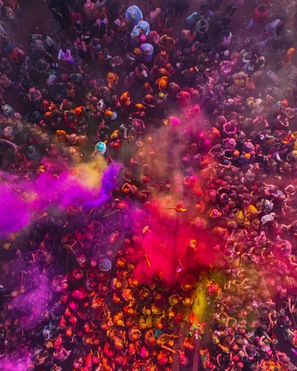 Capturing the chaos and color of Holi in Braj from above is an experience like no other. It’s a vibrant explosion of devotion and joy, and getting this top-down aerial shot required navigating a crowded airspace to freeze this perfect moment of celebration.