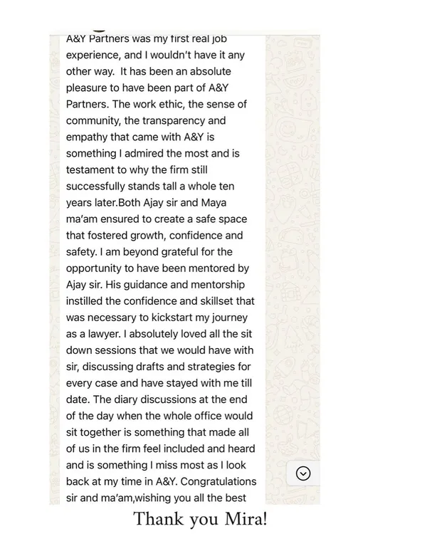 A message from Mira, who started her career with us. Her words on our firm's work ethic, transparency, and the "safe space" we create for growth mean the world to us.