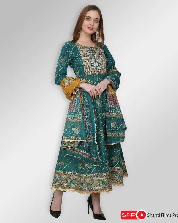 A full-length shot of a model in a teal Anarkali suit, showcasing the garment's flow, intricate embroidery, and coordinated dupatta. This type of image is perfect for giving customers a complete view of an ethnic outfit.