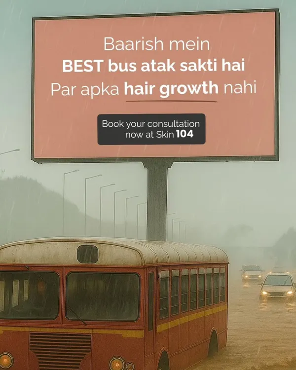 The monsoon might slow down traffic, but it shouldn't stop your hair growth journey. This ad is a reminder that with our treatments, you can ensure your hair continues to grow strong and healthy, no matter the weather.