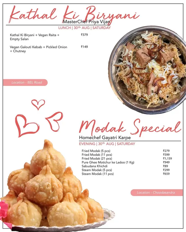 Catering to your dietary needs with flavour. This menu features a vegan Kathal Ki Biryani with vegan raita, alongside a Modak Special for the festive season.