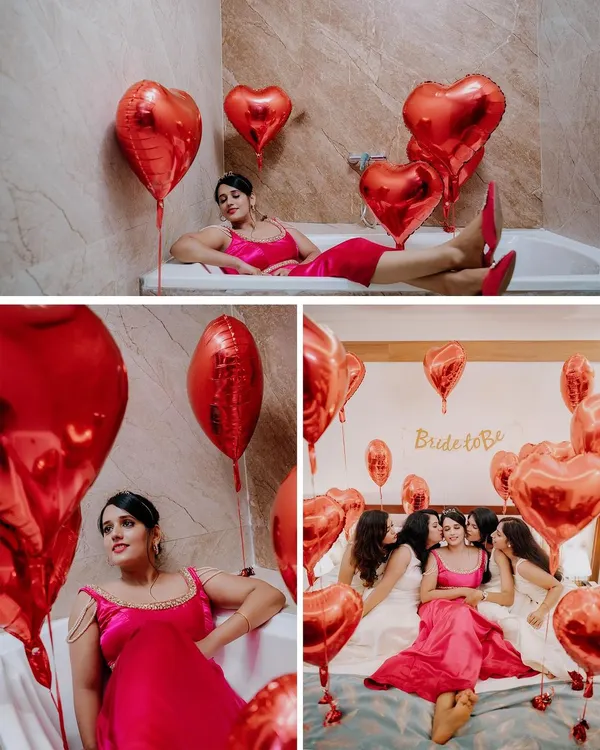 A fun "Bride to Be" photoshoot featuring my custom pink gown for the bride. The dress is designed to be both celebratory and elegant, perfect for pre-wedding events.