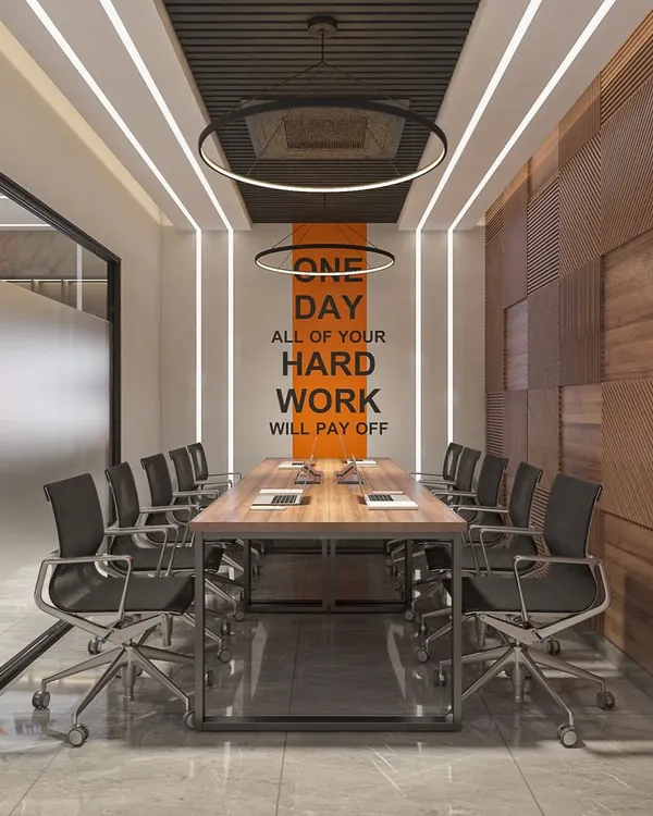 This conference room for Presto Instruments was designed to motivate. Featuring bold wood paneling and inspirational wall graphics, it's a space built for focused discussions and big decisions.