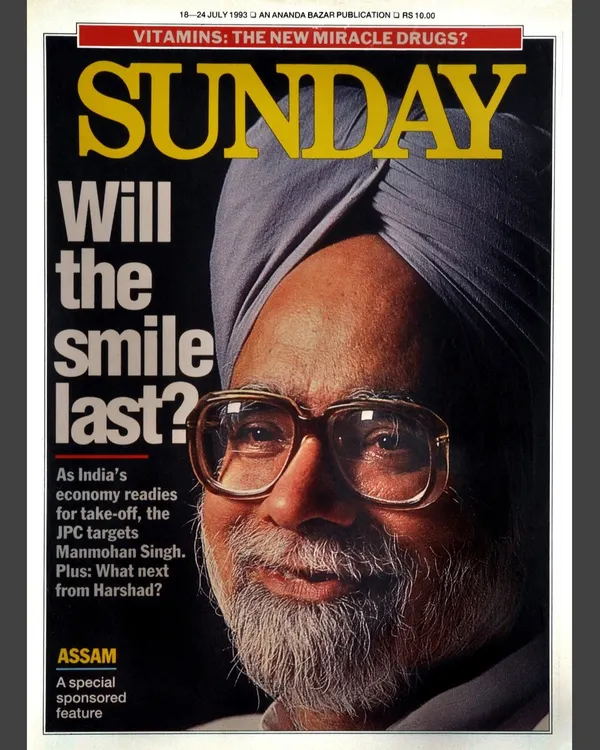 The final published cover of SUNDAY magazine from July 1993, featuring my portrait of Dr. Manmohan Singh. This demonstrates my experience delivering high-impact images for major publications.