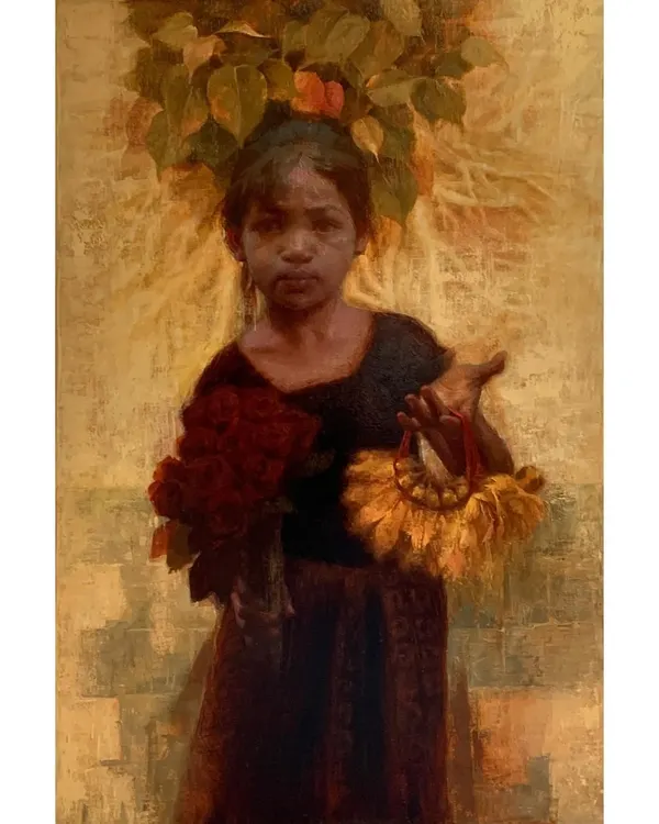 This oil on linen painting, "The Hope of Innocent Flowers," is a central piece in my exploration of the lives of children in urban slums. It portrays the resilient spirit I've observed, where selling flowers becomes a metaphor for nurturing dreams against all odds.