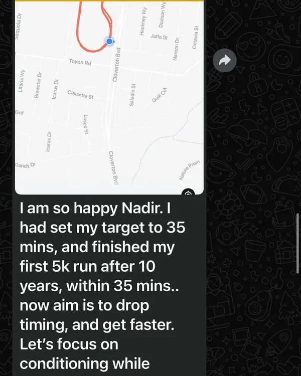 A client's message celebrating a huge personal victory: finishing a 5k run in her target time after 10 years. These are the non-scale victories that matter most.