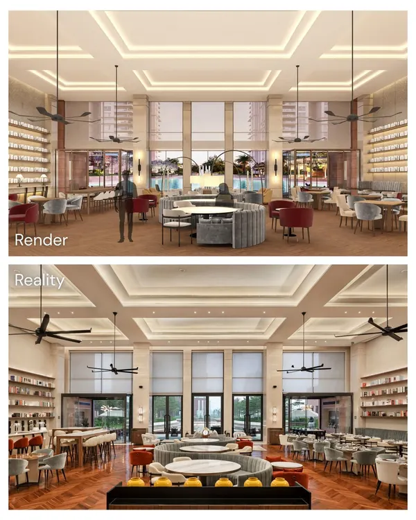 This comparison of the render and the final reality of the Elevate Clubhouse dining area showcases our commitment to faithful execution. Every element, from the lighting design to the furniture layout and material finishes, was realized as initially envisioned, ensuring the integrity of the design concept.