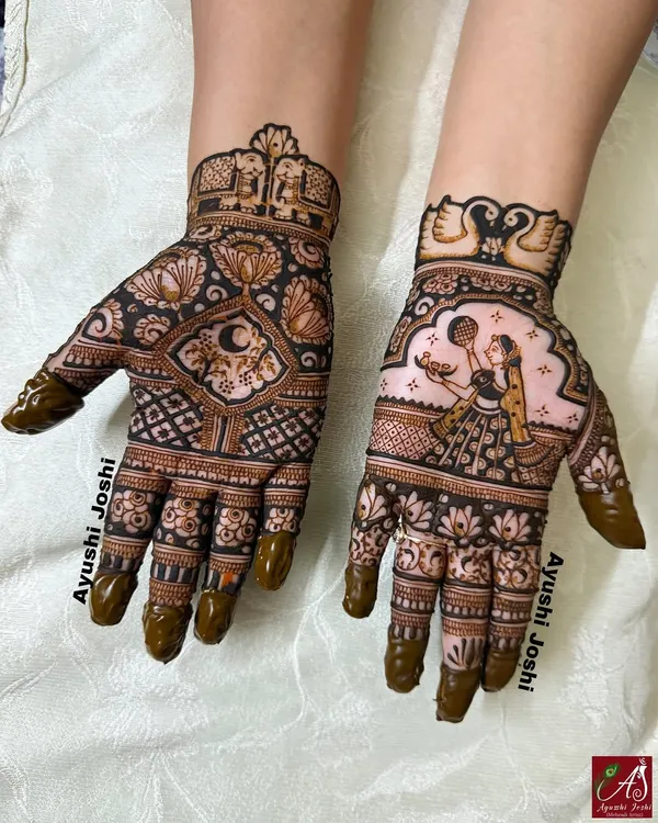 A special Karva Chauth design featuring a woman performing the ritual, surrounded by lotuses, swans, and elephants.