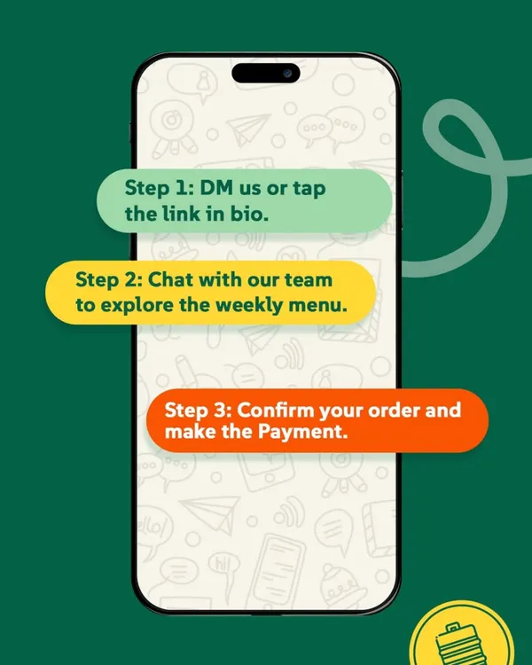 Ordering is as easy as 1-2-3. Just DM us, explore the weekly menu with our team, and confirm your order. Fresh, home-style meals are just a message away.