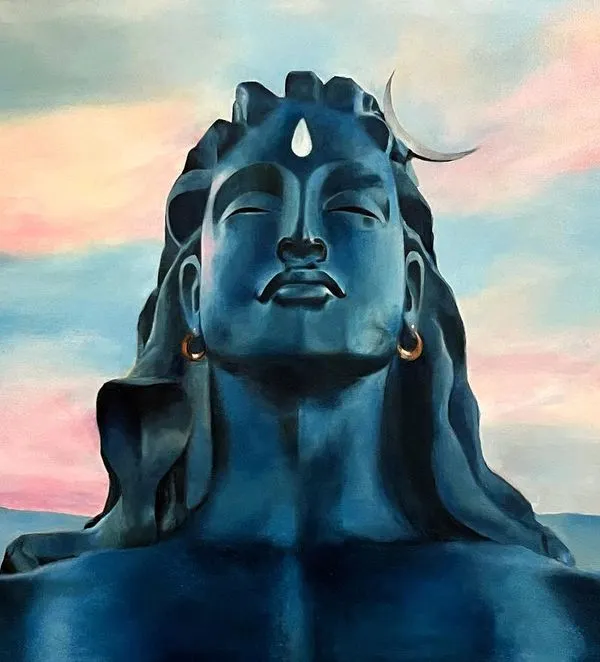 This 5x3 feet oil on canvas painting of Adiyogi Shiva was a commissioned piece. I aimed to capture a sense of deep meditation and cosmic tranquility against a serene twilight sky. This piece is now in a private collection.