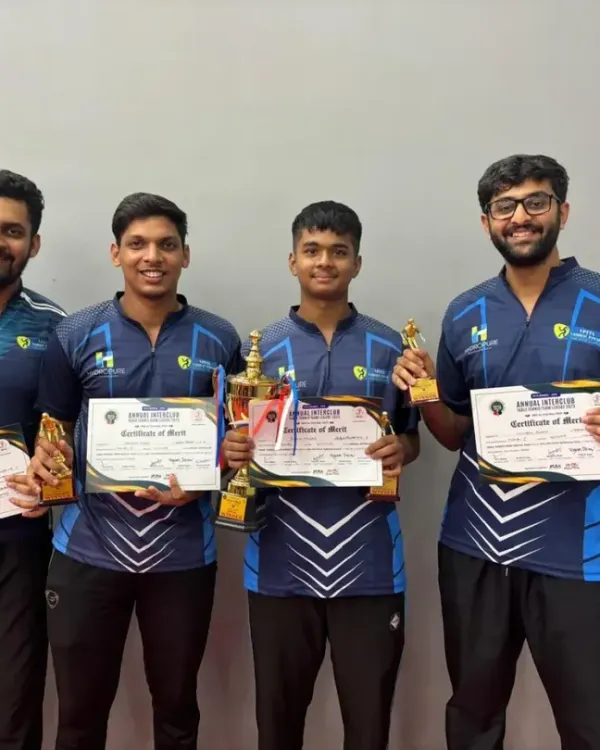 Our Men's Division 1 champions from the TSTTA Inter-Club Tournament. This victory by Chitrax, Tanmay, Parth, and Harsh showcases the high level of our senior players and coaches.