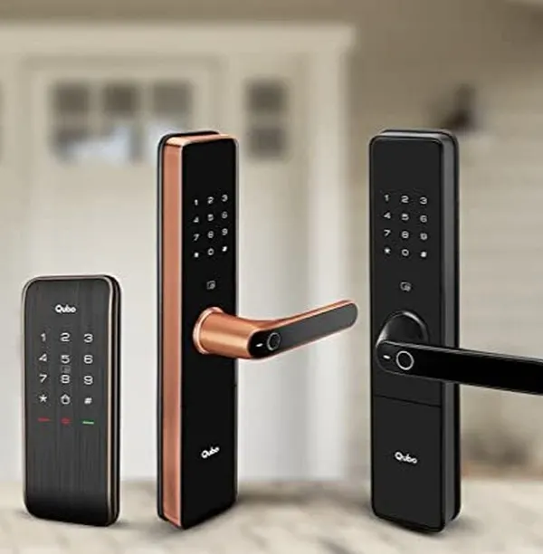 I offer a variety of Qubo smart lock models to suit different needs and door types. This image showcases a selection, including a handle lock with fingerprint access and a separate digital keypad for rim locks.