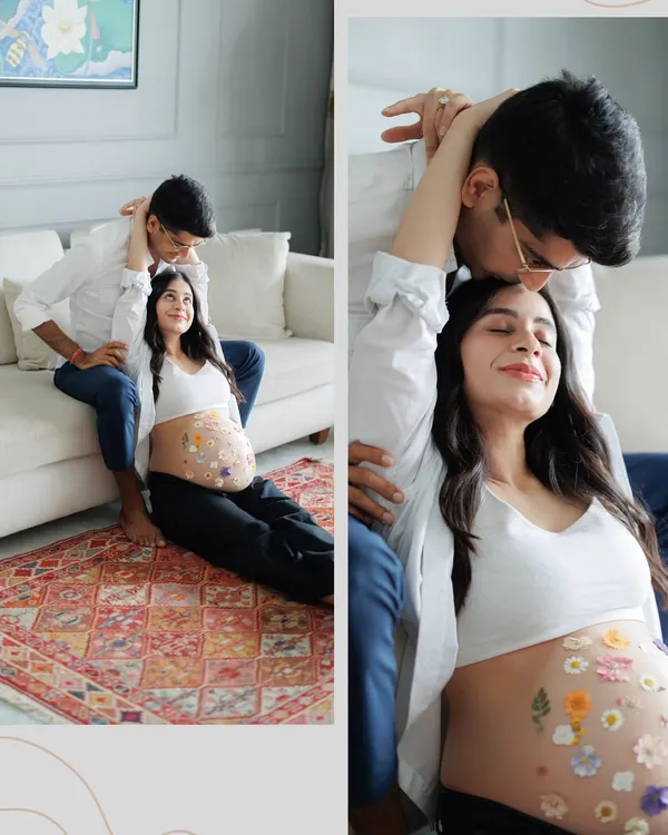 Wrapped in love in the comfort of their own home. This collage shows the sweet, playful moments between a couple during their cozy at-home maternity session.