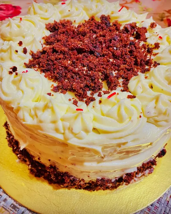 This is my classic Red Velvet cake with a rich cream cheese frosting. It's incredibly moist and a perfect centerpiece for any celebration, especially Valentine's Day.