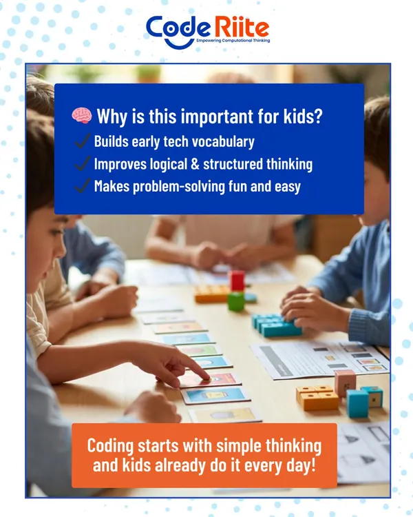 This is why our hands-on approach works. By engaging in screen-free activities, kids build early tech vocabulary, improve logical thinking, and learn to see problem-solving as a fun and easy game.