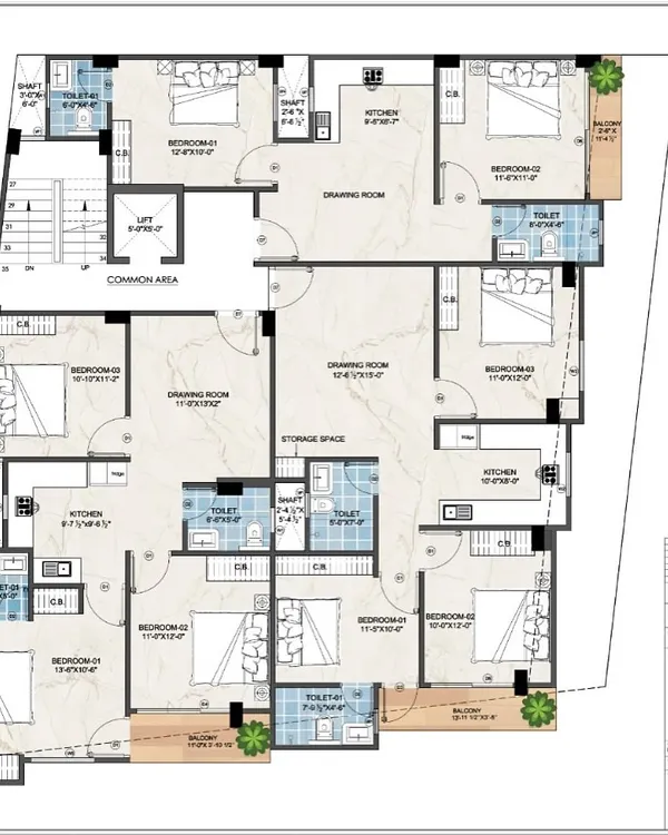 This is the floor plan for a 500 sq. yard G+6 apartment building on an irregular plot. Our plan successfully incorporates multiple compact flats, demonstrating our expertise in space optimization under challenging conditions.