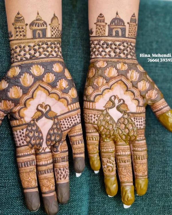 A traditional Rajasthani design with facing peacocks, a lotus pond, and a palace skyline on the wrists. This style is known for its storytelling and rich details.