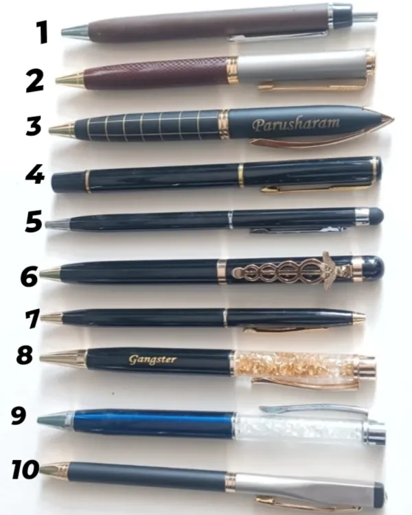 I offer a wide variety of pens that can be personalized with a name. This image shows 10 different styles you can choose from, including some with gold flakes and stylus tips.