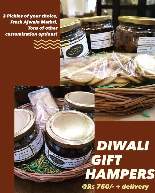 Announcing my special Diwali Gift Hampers. Each basket can be customized with three pickles of your choice and fresh Ajwain Mathri, making it a personal and delicious gift for your loved ones.
