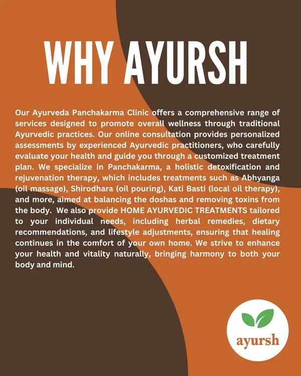 This explains our core philosophy. We specialize in Panchakarma, a holistic detoxification therapy, and provide personalized online consultations and home remedies. Our goal is to bring harmony to your body and mind in the comfort of your own home.