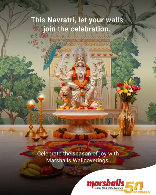 This Navratri, let your walls join the celebration. This image showcases a beautiful festive setup with a Durga idol, with our traditional patterned wallcovering providing the perfect celebratory backdrop.