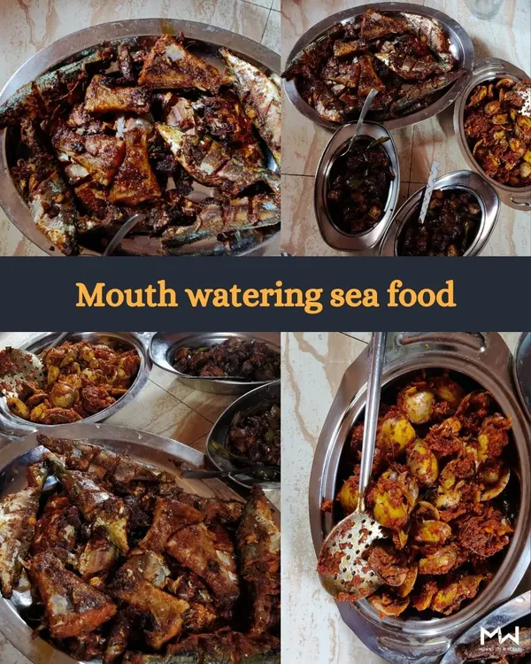 A mouth-watering spread of fresh seafood, a highlight of my coastal trips to places like Mulki. I ensure the culinary experience is as memorable as the adventure.
