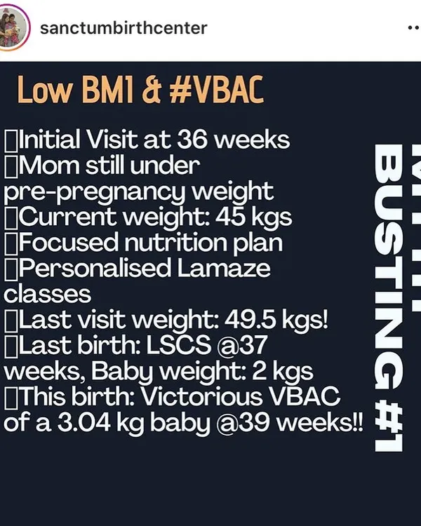VBAC Myth Busting #1: Low BMI. This mother, with a focused nutrition plan and Lamaze classes, had a victorious VBAC at 39 weeks, birthing a 3.04 kg baby after a previous C-section for a 2 kg baby.