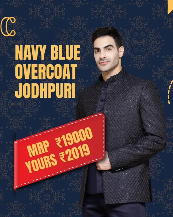 A navy blue Jodhpuri overcoat that originally retailed for ₹19,000, now available for you to own at just ₹2019. This is the smart way to build a luxury wardrobe.