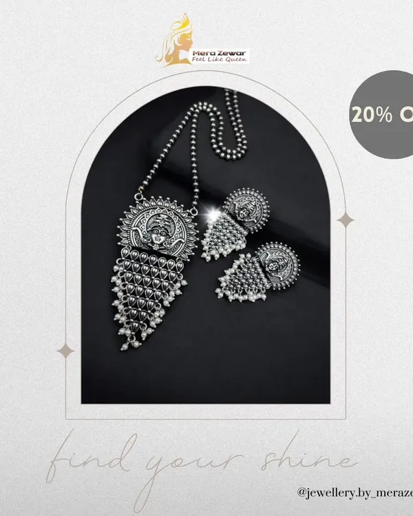 This oxidized silver necklace set with a goddess pendant is one of my most unique pieces. It's perfect for those who appreciate spiritual motifs and traditional craftsmanship in their jewellery.